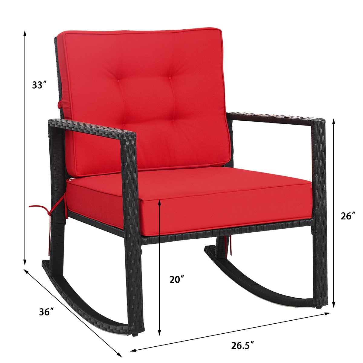 Patio Rattan Rocker Outdoor Glider Rocking Chair Cushion Lawn-Red view 4