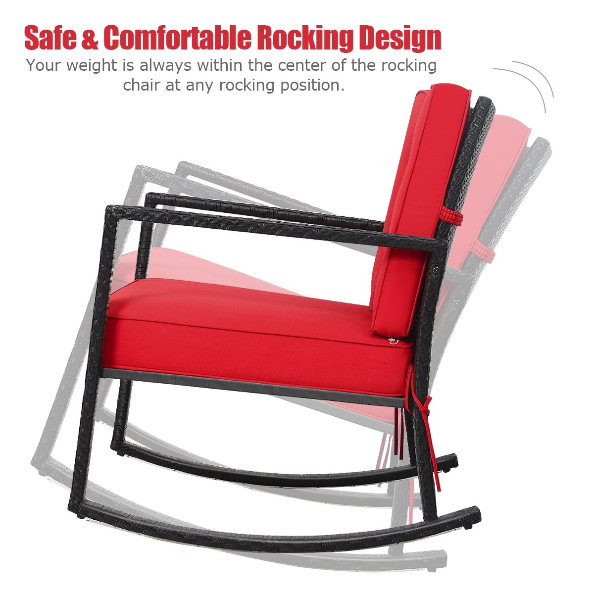 Patio Rattan Rocker Outdoor Glider Rocking Chair Cushion Lawn-Red view 5