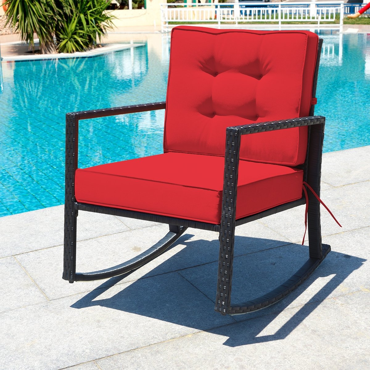 Patio Rattan Rocker Outdoor Glider Rocking Chair Cushion Lawn-Red view 6