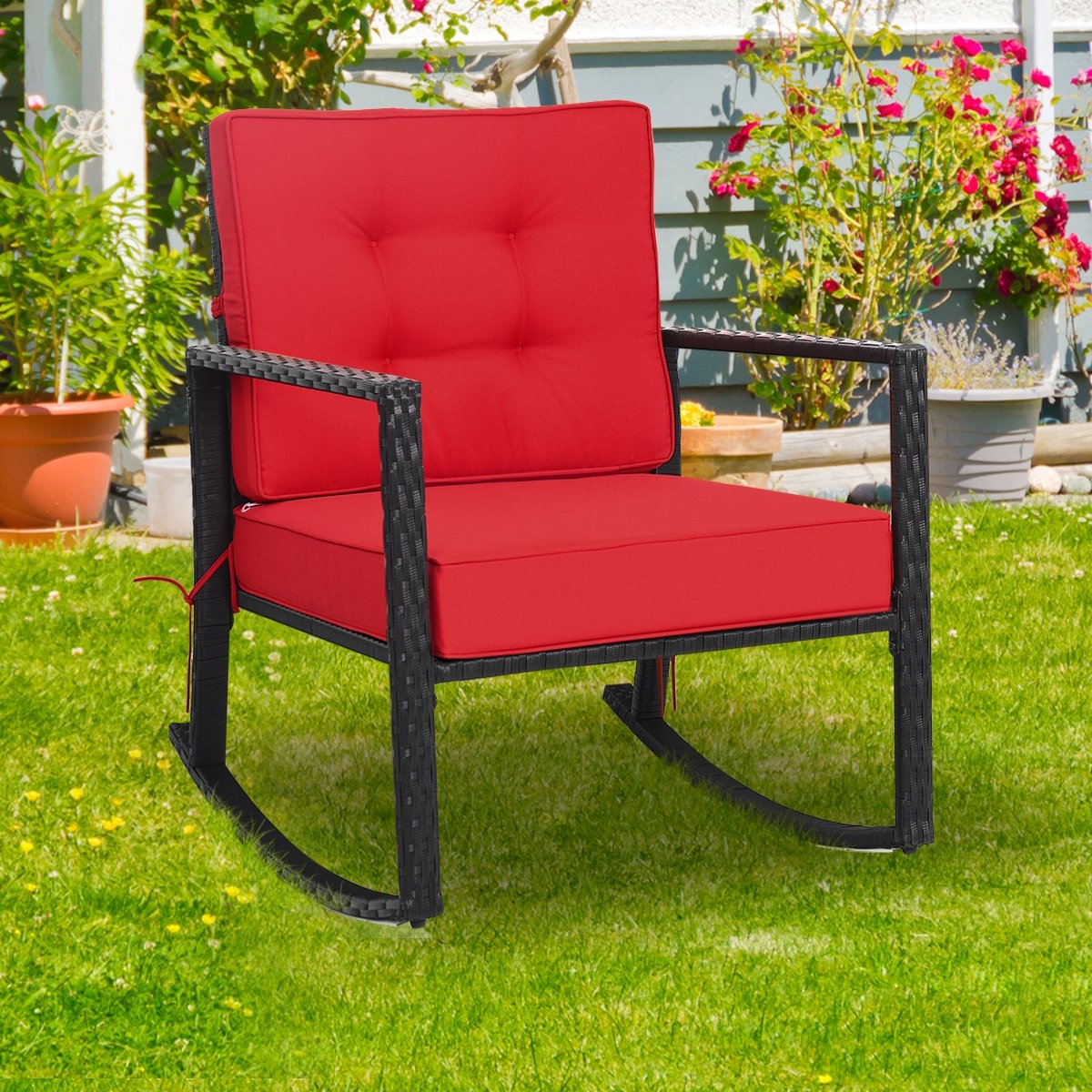 Patio Rattan Rocker Outdoor Glider Rocking Chair Cushion Lawn-Red view 7