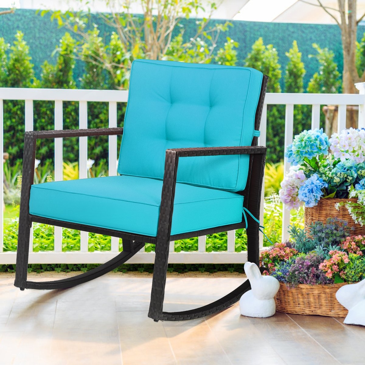 Patio Rattan Rocker Outdoor Glider Rocking Chair Cushion Lawn-Turquoise view 2