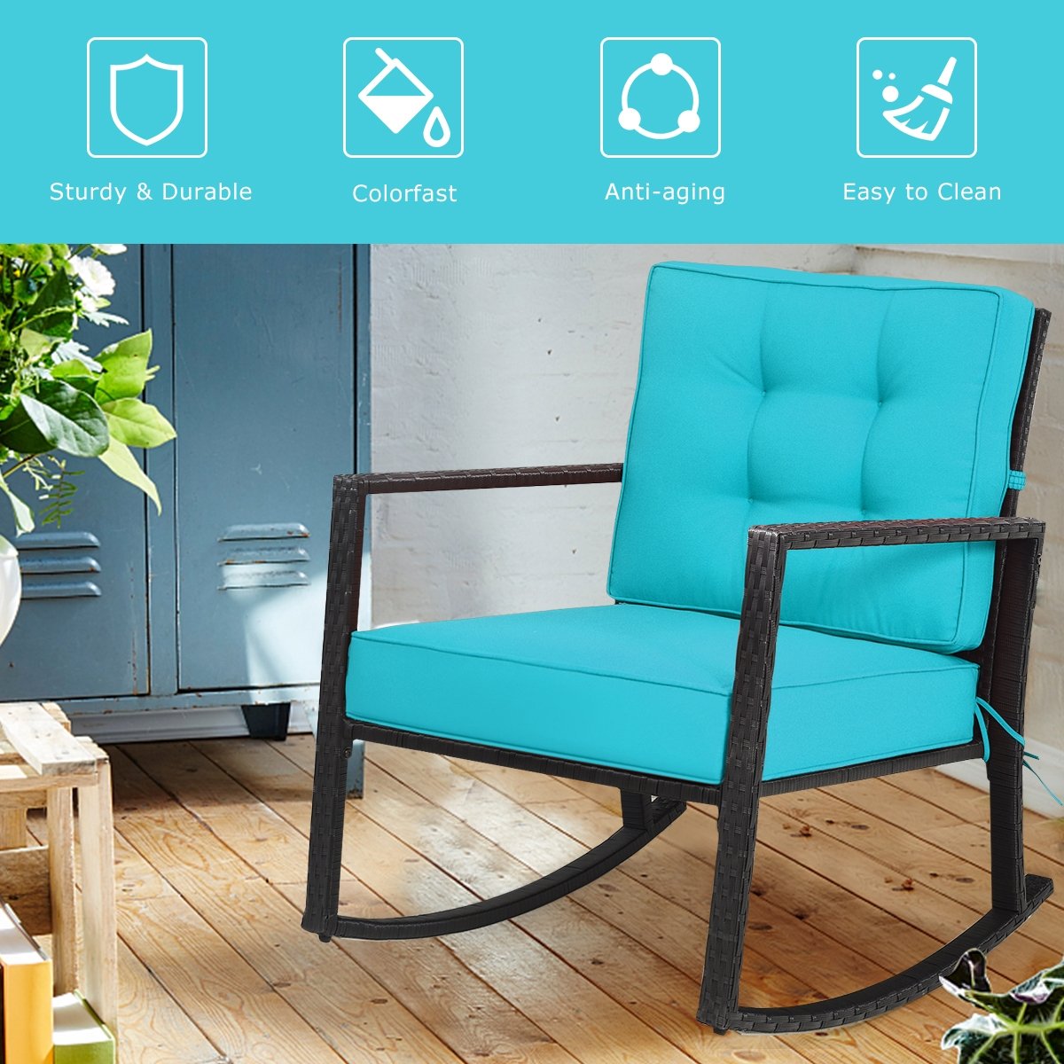 Patio Rattan Rocker Outdoor Glider Rocking Chair Cushion Lawn-Turquoise view 3