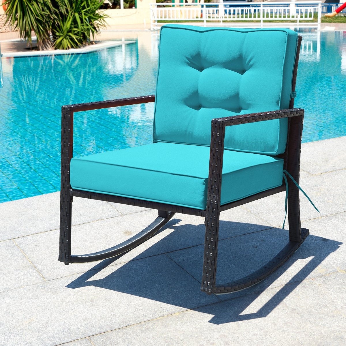 Patio Rattan Rocker Outdoor Glider Rocking Chair Cushion Lawn-Turquoise view 6