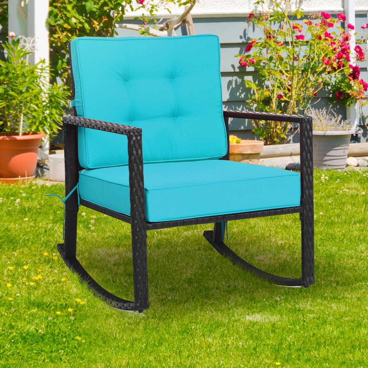 Patio Rattan Rocker Outdoor Glider Rocking Chair Cushion Lawn-Turquoise view 7