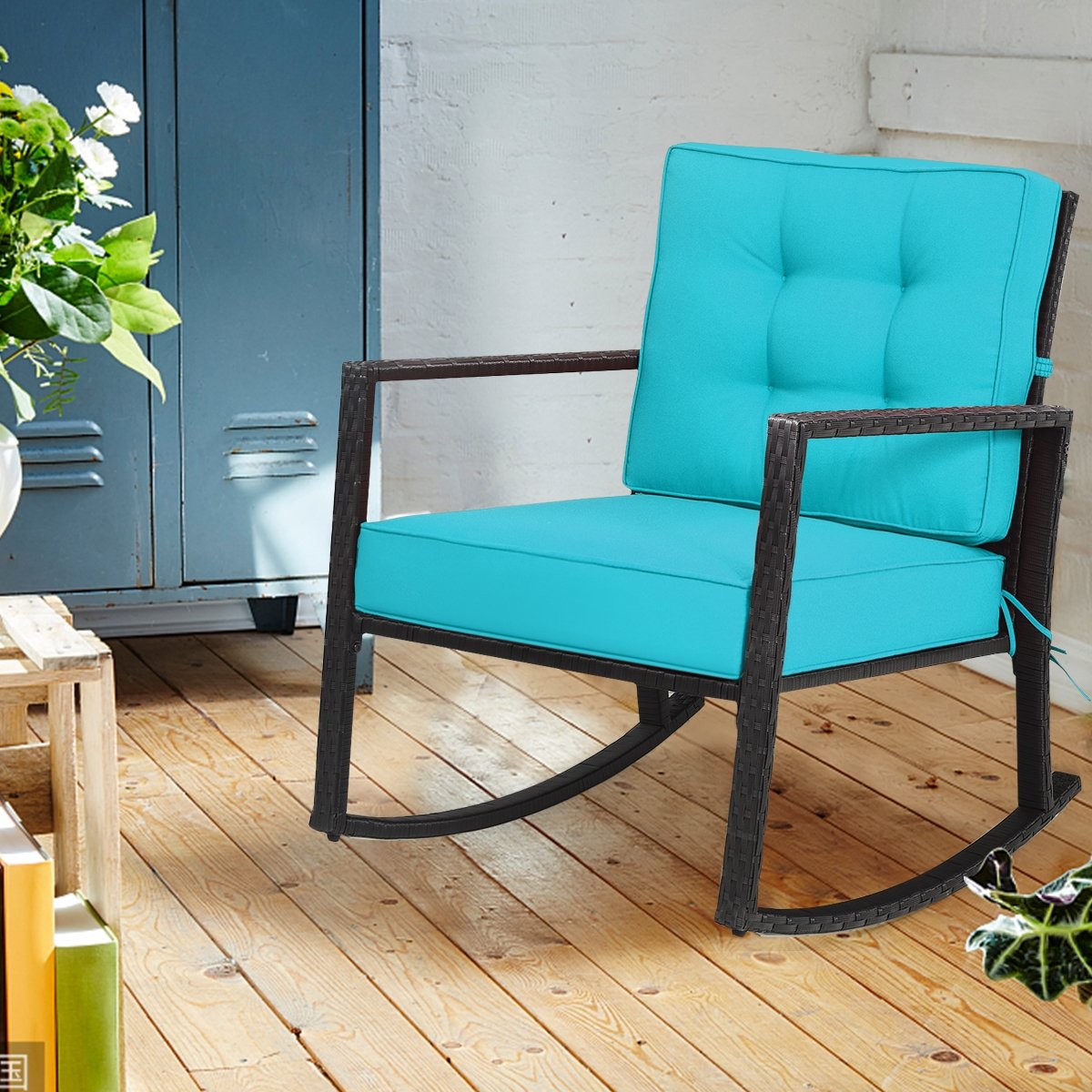 Patio Rattan Rocker Outdoor Glider Rocking Chair Cushion Lawn-Turquoise view 8
