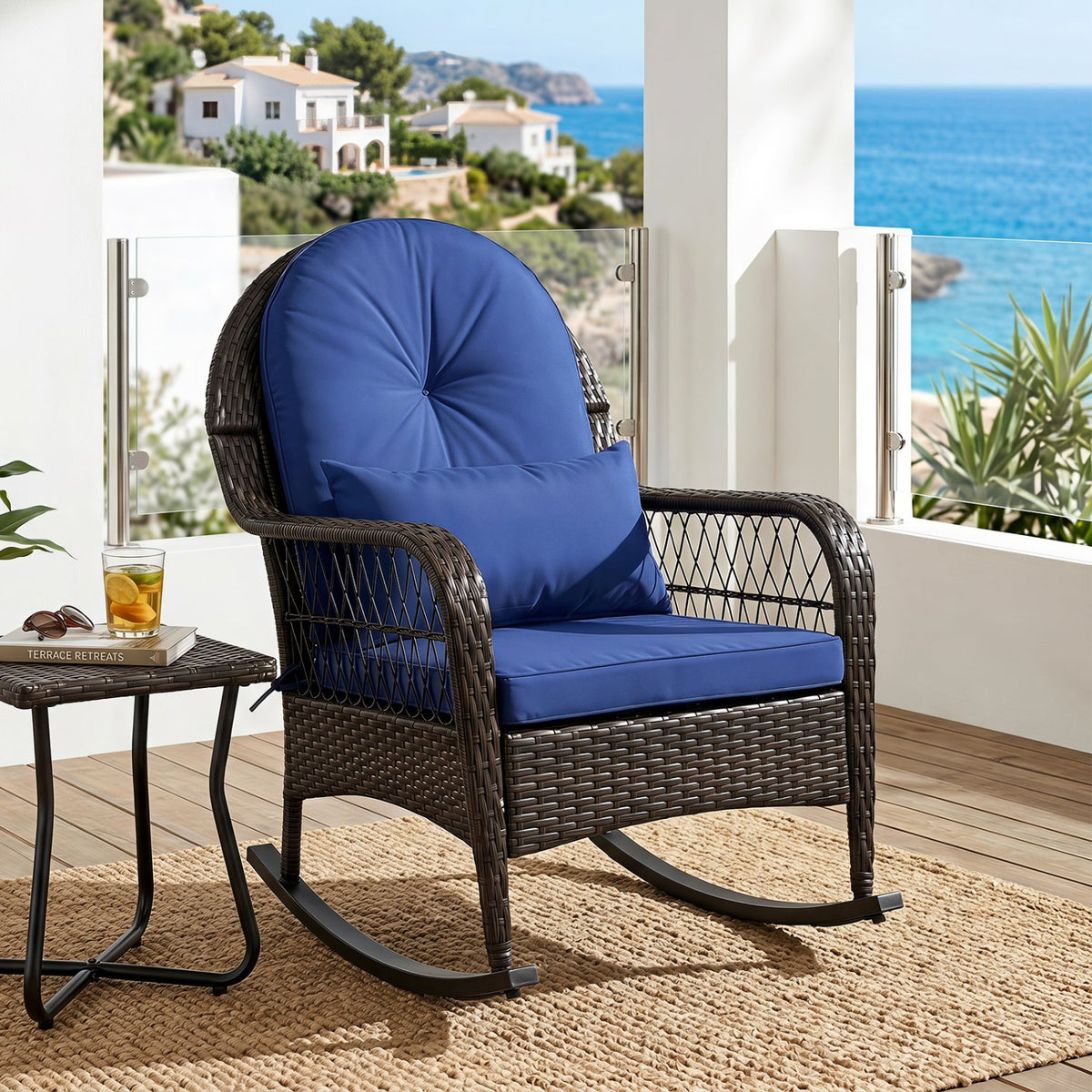Patio Rattan Rocking Chair with Seat Back Cushions and Waist Pillow-Navy view 3