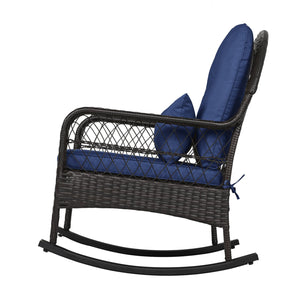 Patio Rattan Rocking Chair with Seat Back Cushions and Waist Pillow-Navy view 4