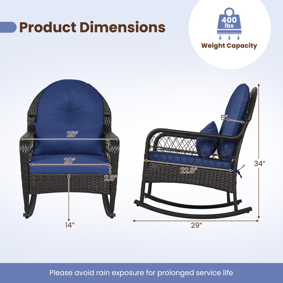 Patio Rattan Rocking Chair with Seat Back Cushions and Waist Pillow-Navy view 5