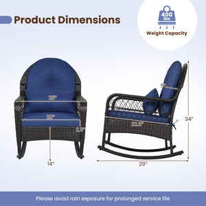 Patio Rattan Rocking Chair with Seat Back Cushions and Waist Pillow-Navy view 5