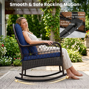 Patio Rattan Rocking Chair with Seat Back Cushions and Waist Pillow-Navy view 6