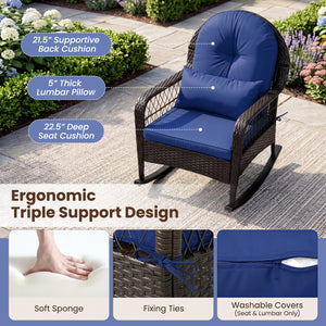 Patio Rattan Rocking Chair with Seat Back Cushions and Waist Pillow-Navy view 7