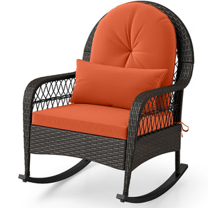 Patio Rattan Rocking Chair with Seat Back Cushions and Waist Pillow-Red