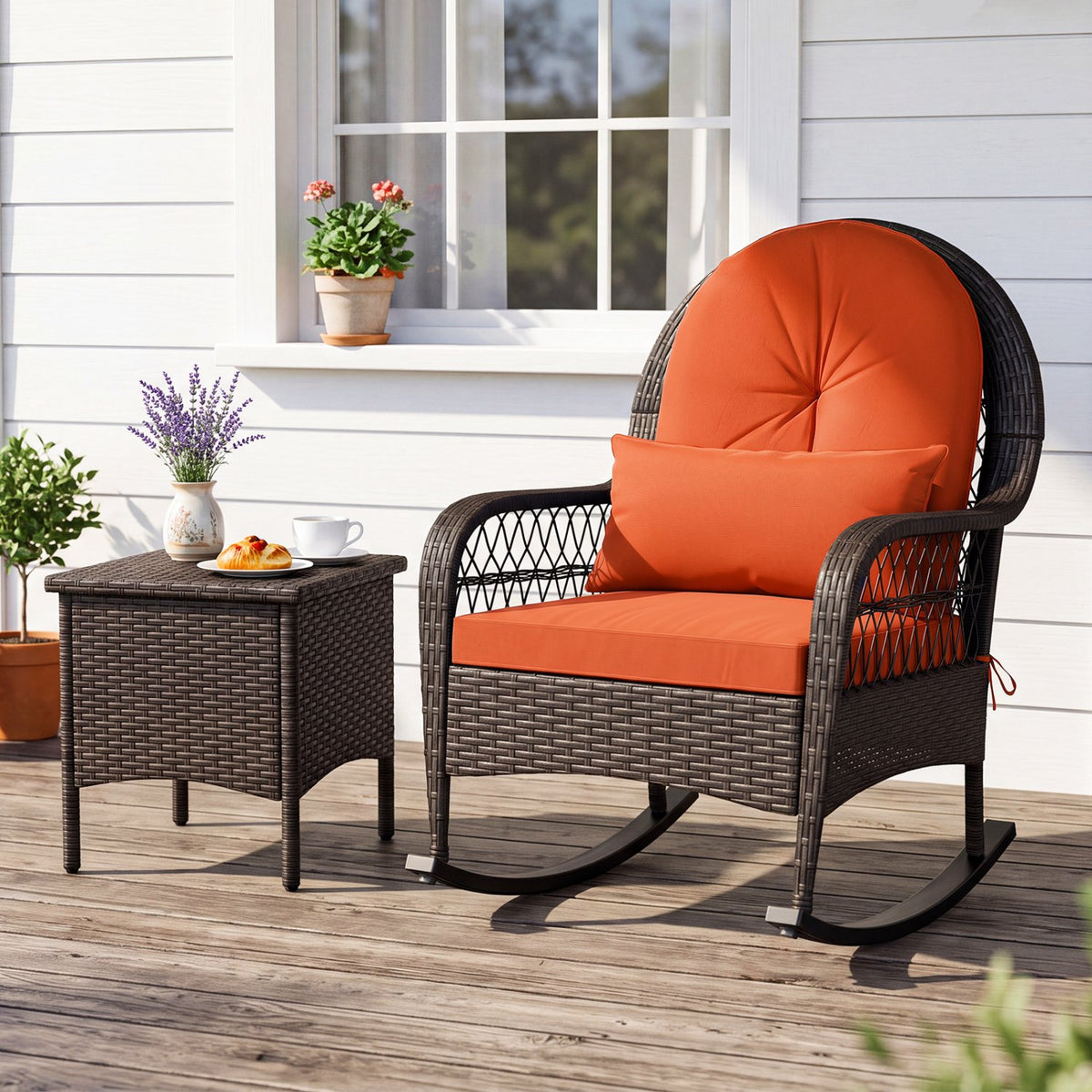 Patio Rattan Rocking Chair with Seat Back Cushions and Waist Pillow-Red view 2