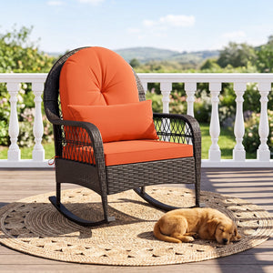 Patio Rattan Rocking Chair with Seat Back Cushions and Waist Pillow-Red view 3