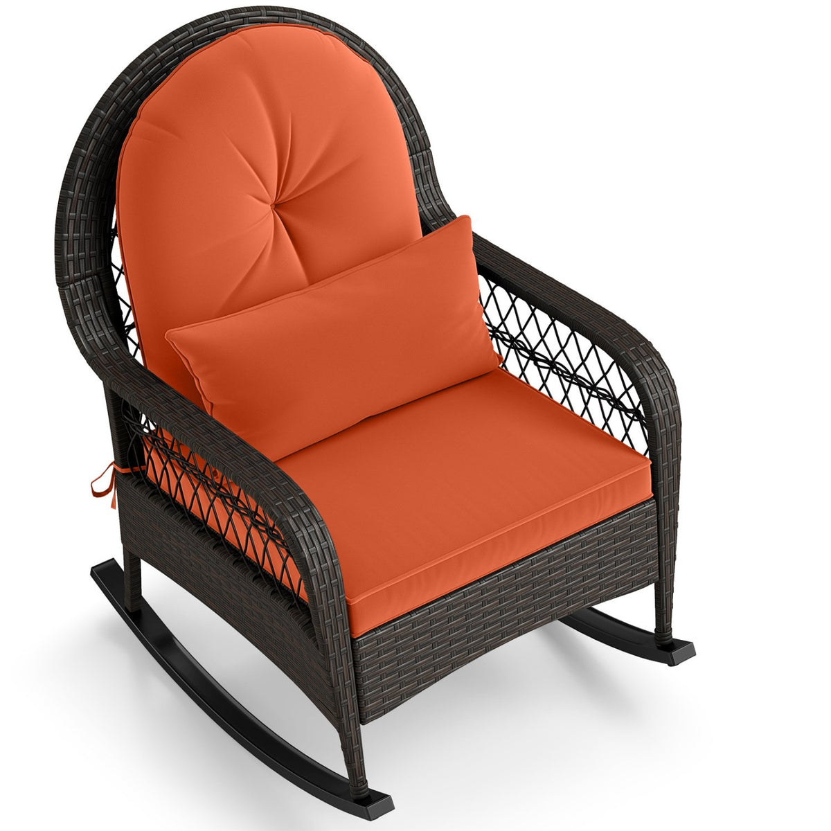Patio Rattan Rocking Chair with Seat Back Cushions and Waist Pillow-Red view 4
