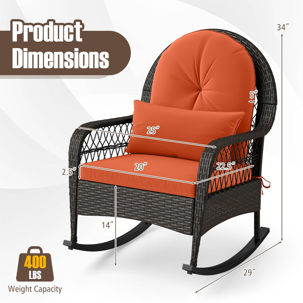 Patio Rattan Rocking Chair with Seat Back Cushions and Waist Pillow-Red view 5