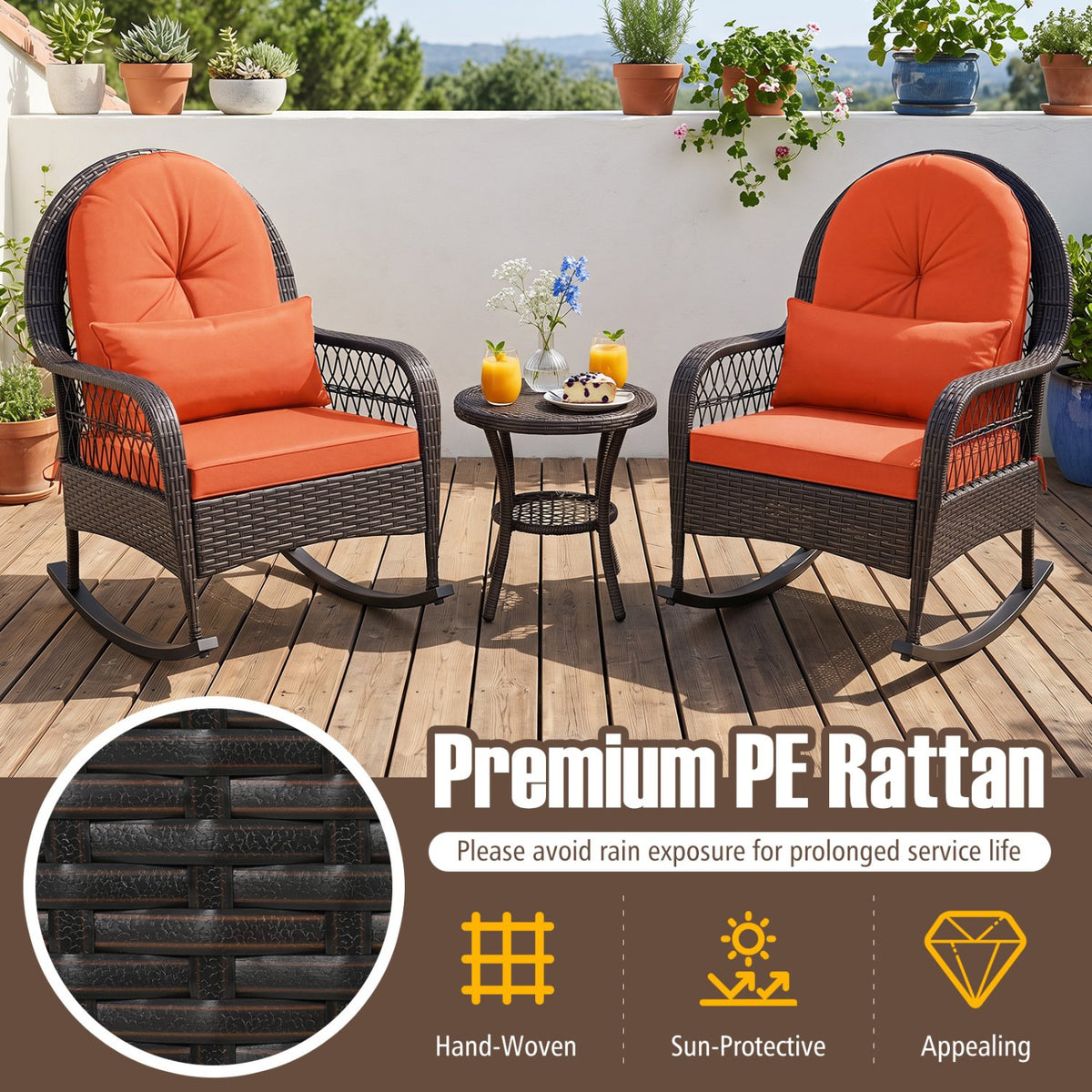 Patio Rattan Rocking Chair with Seat Back Cushions and Waist Pillow-Red view 6