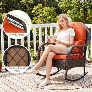 Patio Rattan Rocking Chair with Seat Back Cushions and Waist Pillow-Red view 8