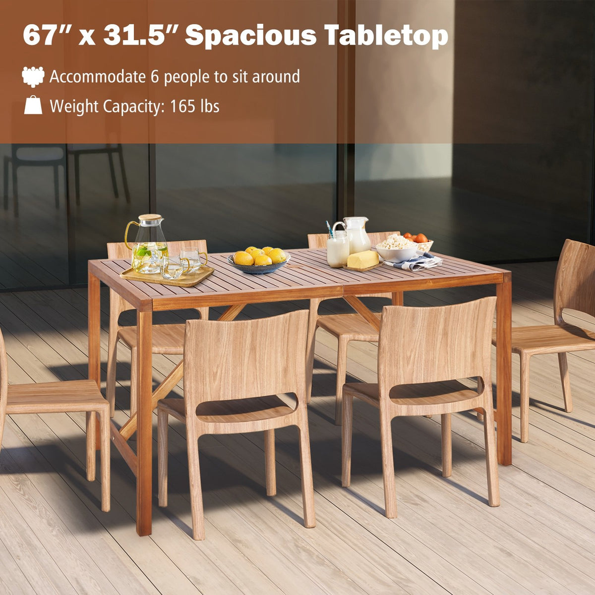 67 Inch Patio Rectangle Acacia Wood Dining Table with Umbrella Hole view 7