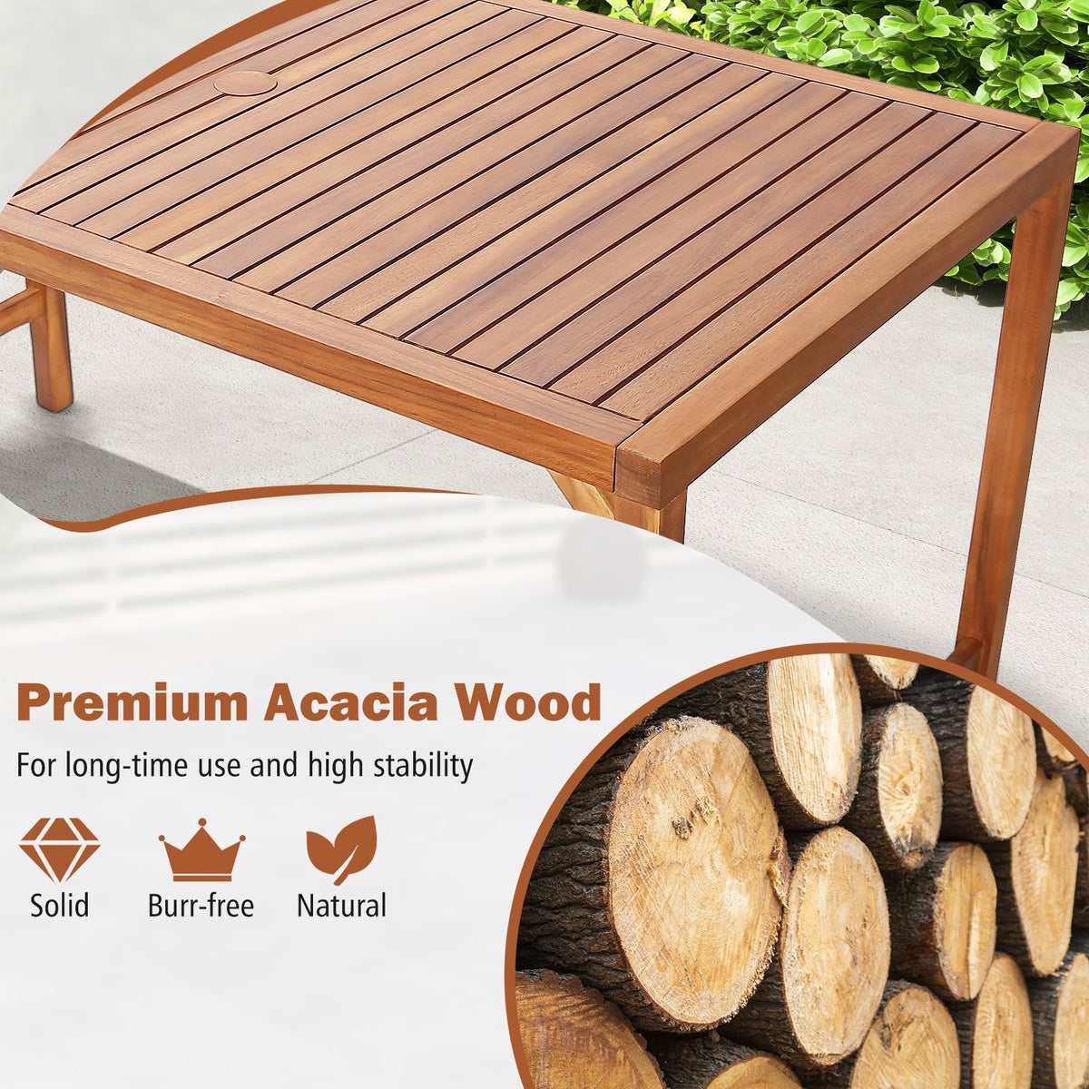 67 Inch Patio Rectangle Acacia Wood Dining Table with Umbrella Hole view 8