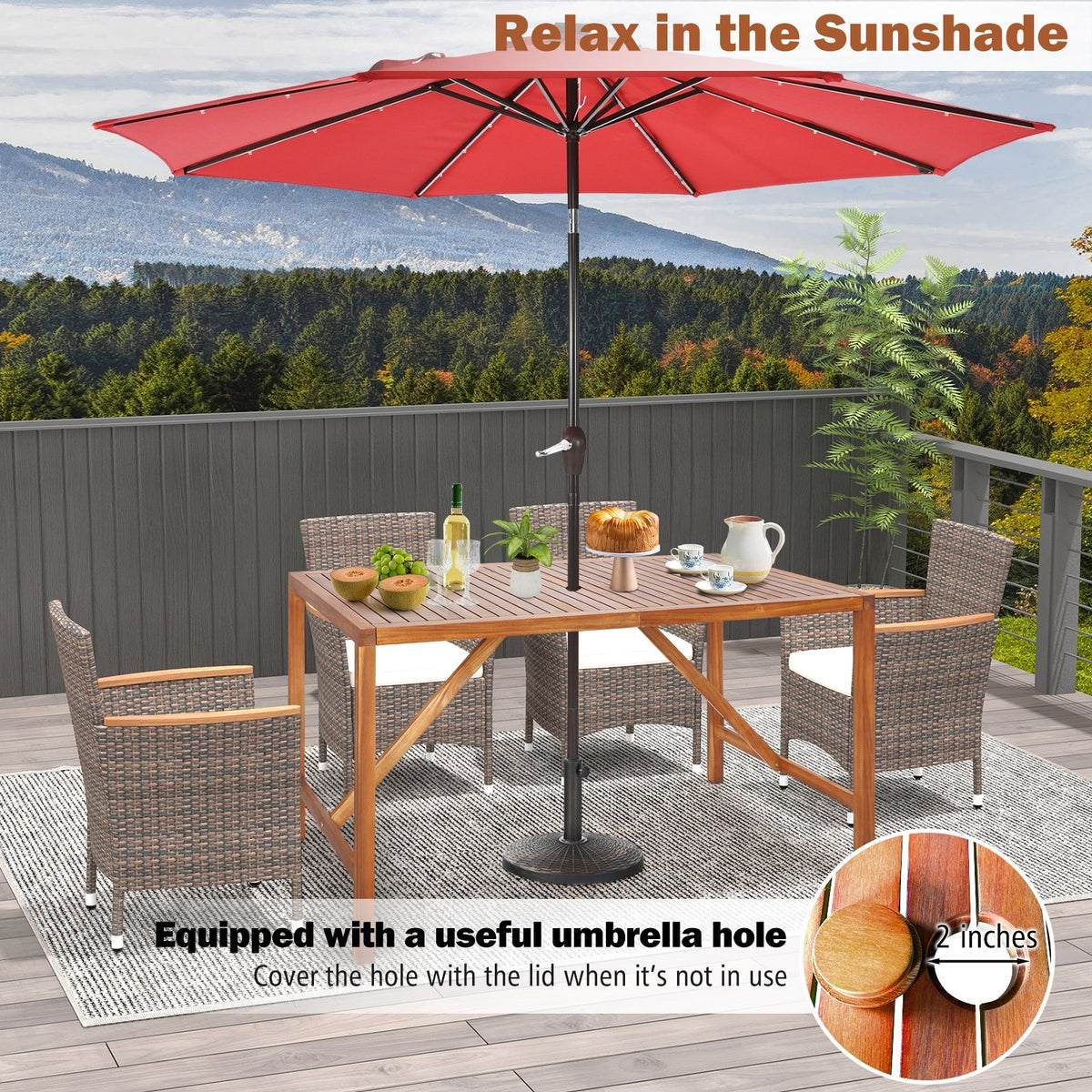 67 Inch Patio Rectangle Acacia Wood Dining Table with Umbrella Hole view 9