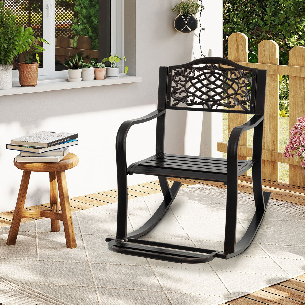 Patio Rocking Chair with Footrest and Curved Armrests-Brown view 2