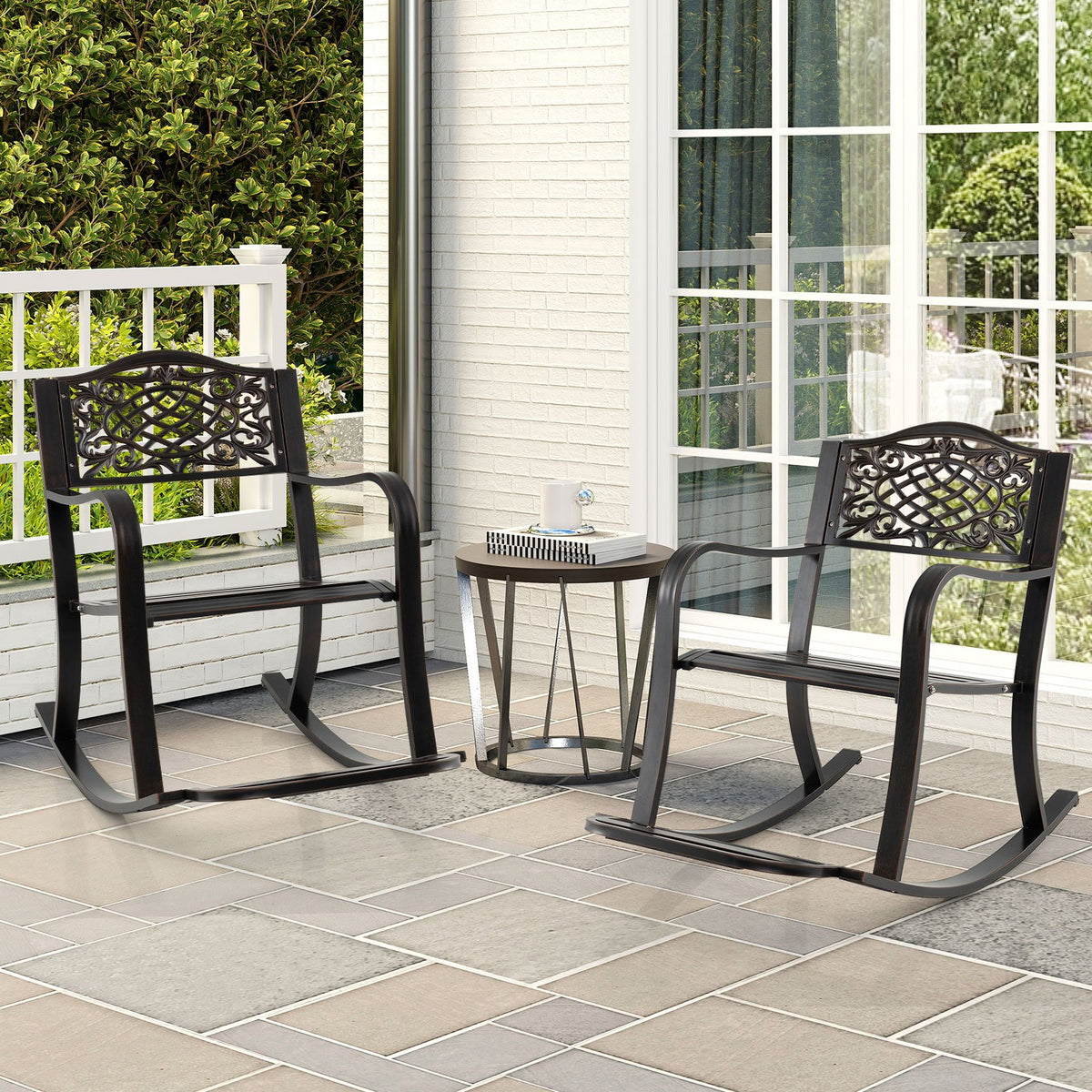 Patio Rocking Chair with Footrest and Curved Armrests-Brown view 3