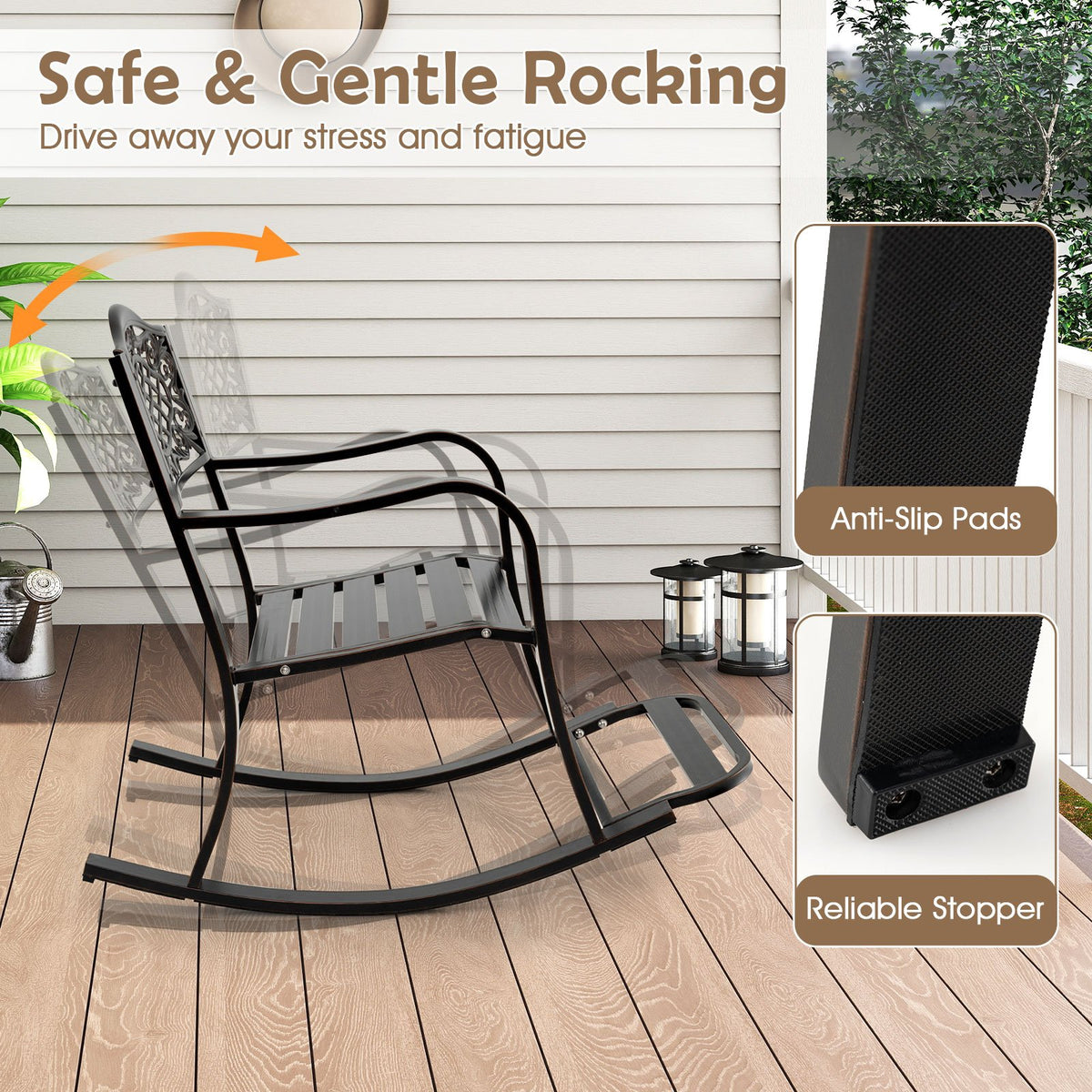 Patio Rocking Chair with Footrest and Curved Armrests-Brown view 6