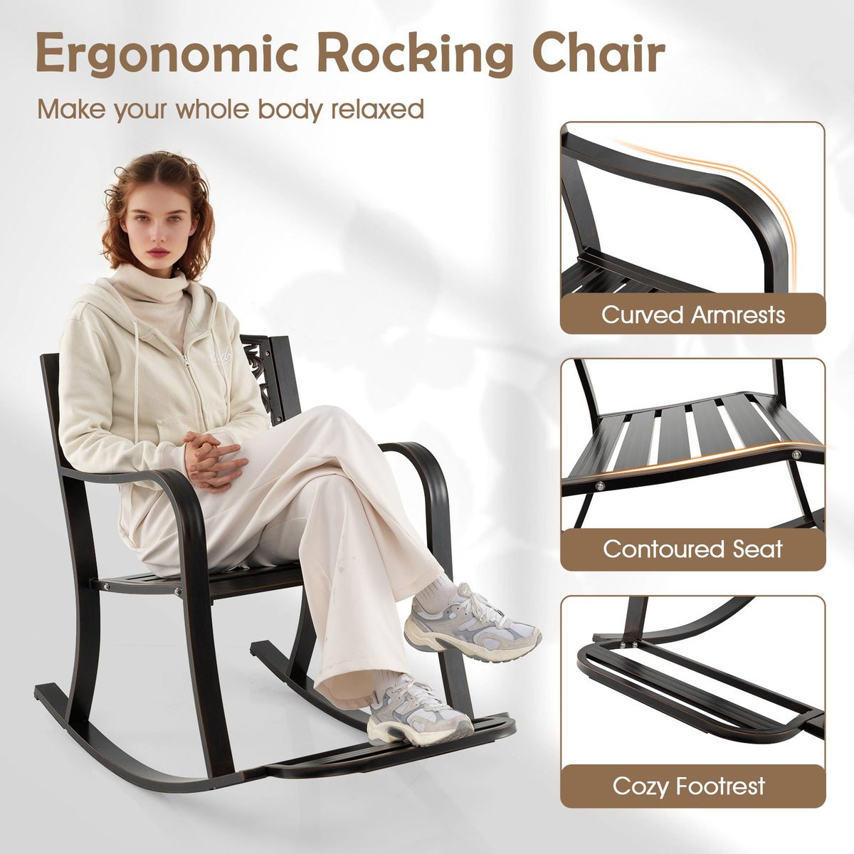 Patio Rocking Chair with Footrest and Curved Armrests-Brown view 7