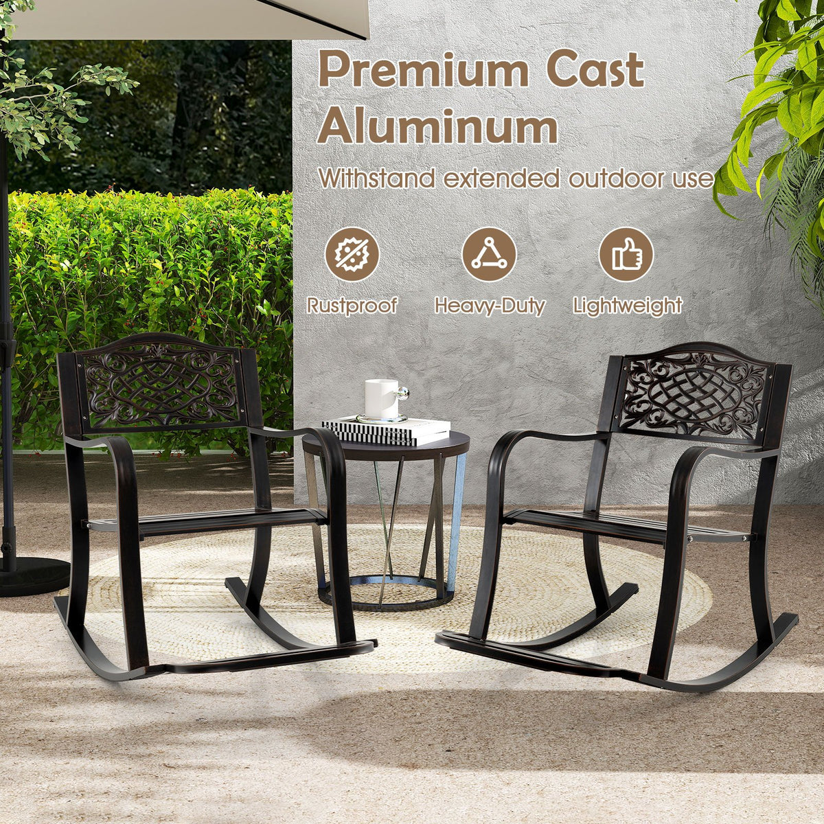 Patio Rocking Chair with Footrest and Curved Armrests-Brown view 8