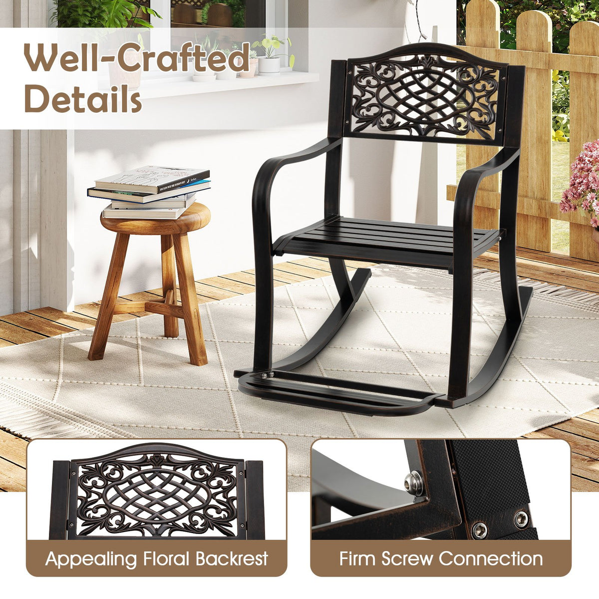 Patio Rocking Chair with Footrest and Curved Armrests-Brown view 9