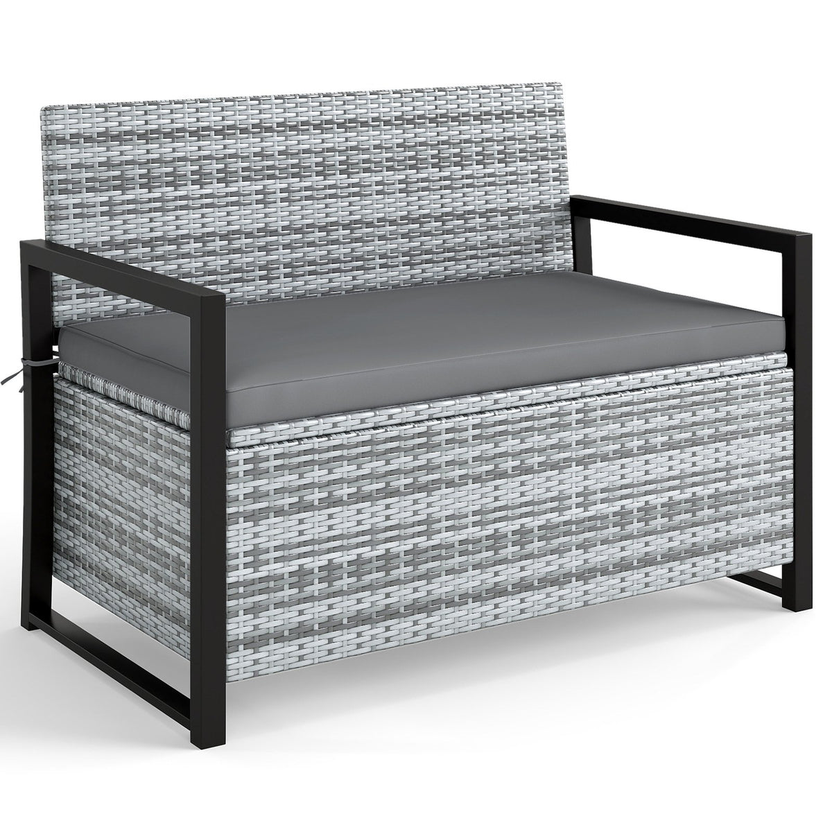 Patio Storage Bench Outdoor Wicker Loveseat with Built-in Storage-Gray