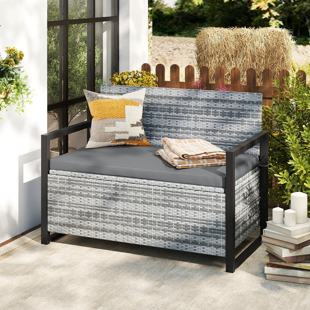 Patio Storage Bench Outdoor Wicker Loveseat with Built-in Storage-Gray view 2