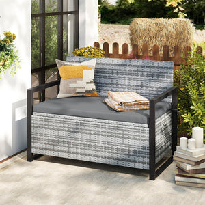 Patio Storage Bench Outdoor Wicker Loveseat with Built-in Storage-Gray view 2