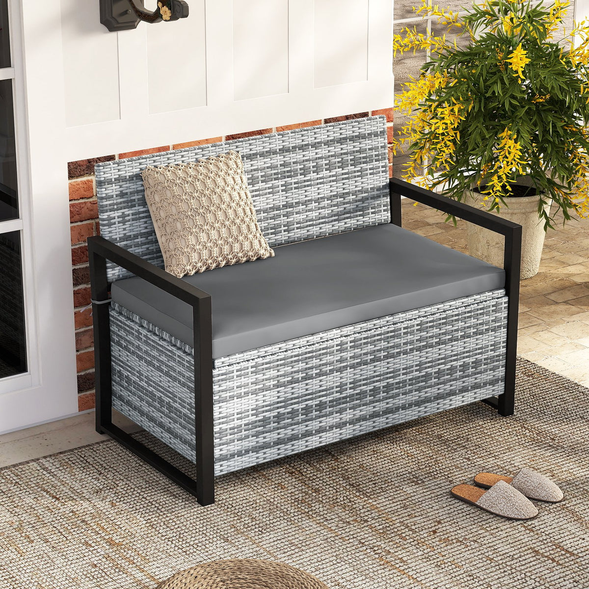 Patio Storage Bench Outdoor Wicker Loveseat with Built-in Storage-Gray view 3