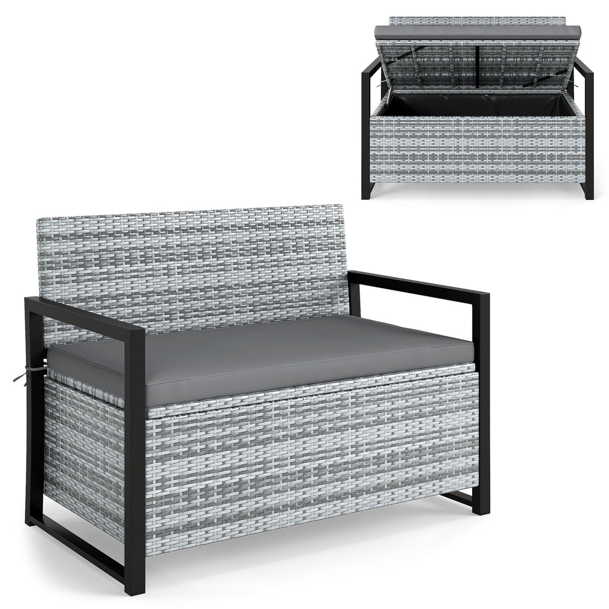 Patio Storage Bench Outdoor Wicker Loveseat with Built-in Storage-Gray view 4