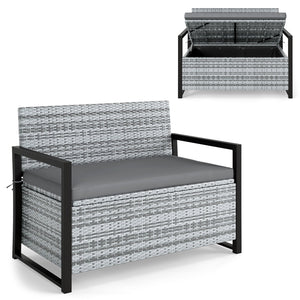 Patio Storage Bench Outdoor Wicker Loveseat with Built-in Storage-Gray view 4
