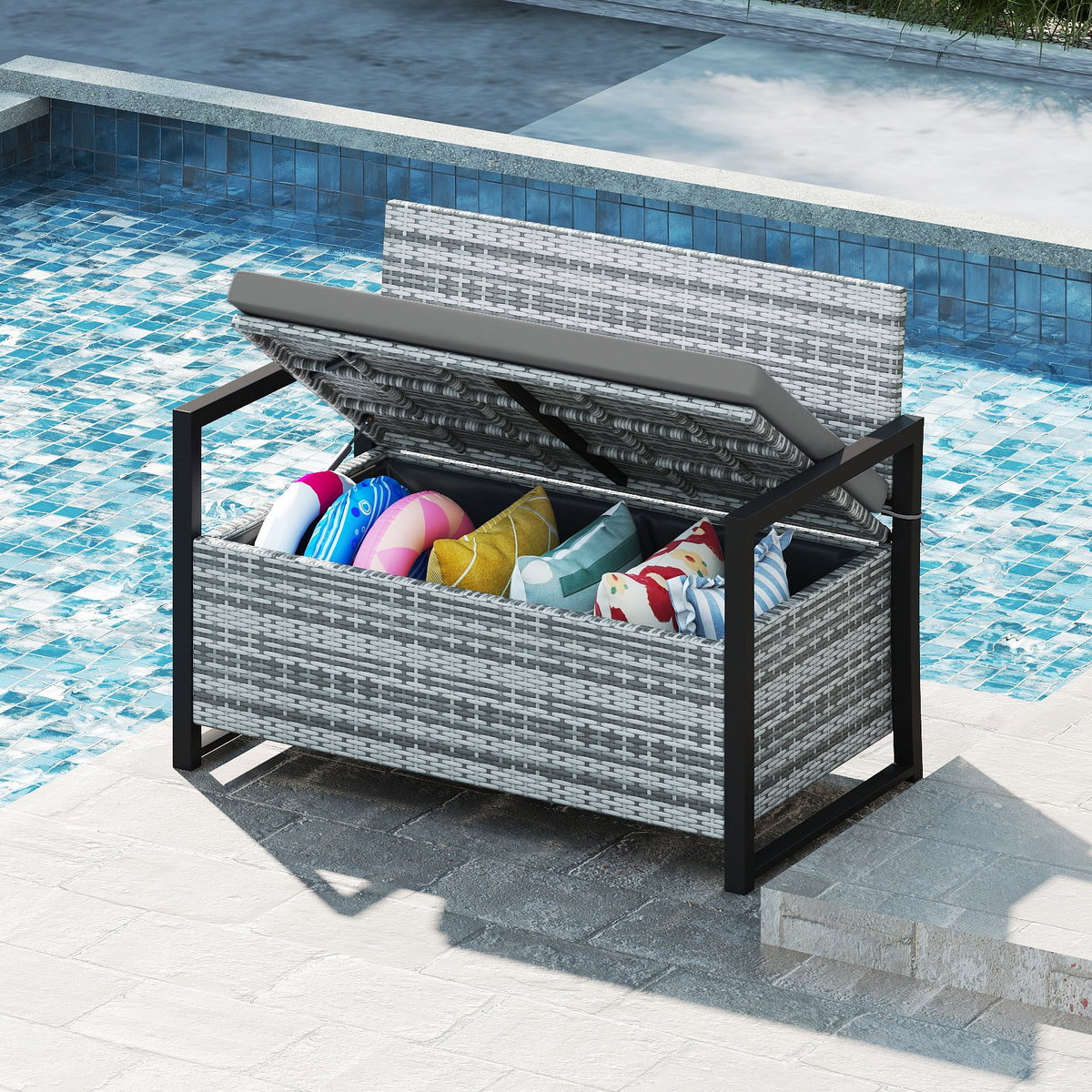 Patio Storage Bench Outdoor Wicker Loveseat with Built-in Storage-Gray view 6