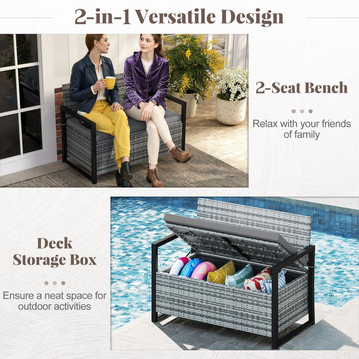 Patio Storage Bench Outdoor Wicker Loveseat with Built-in Storage-Gray view 7