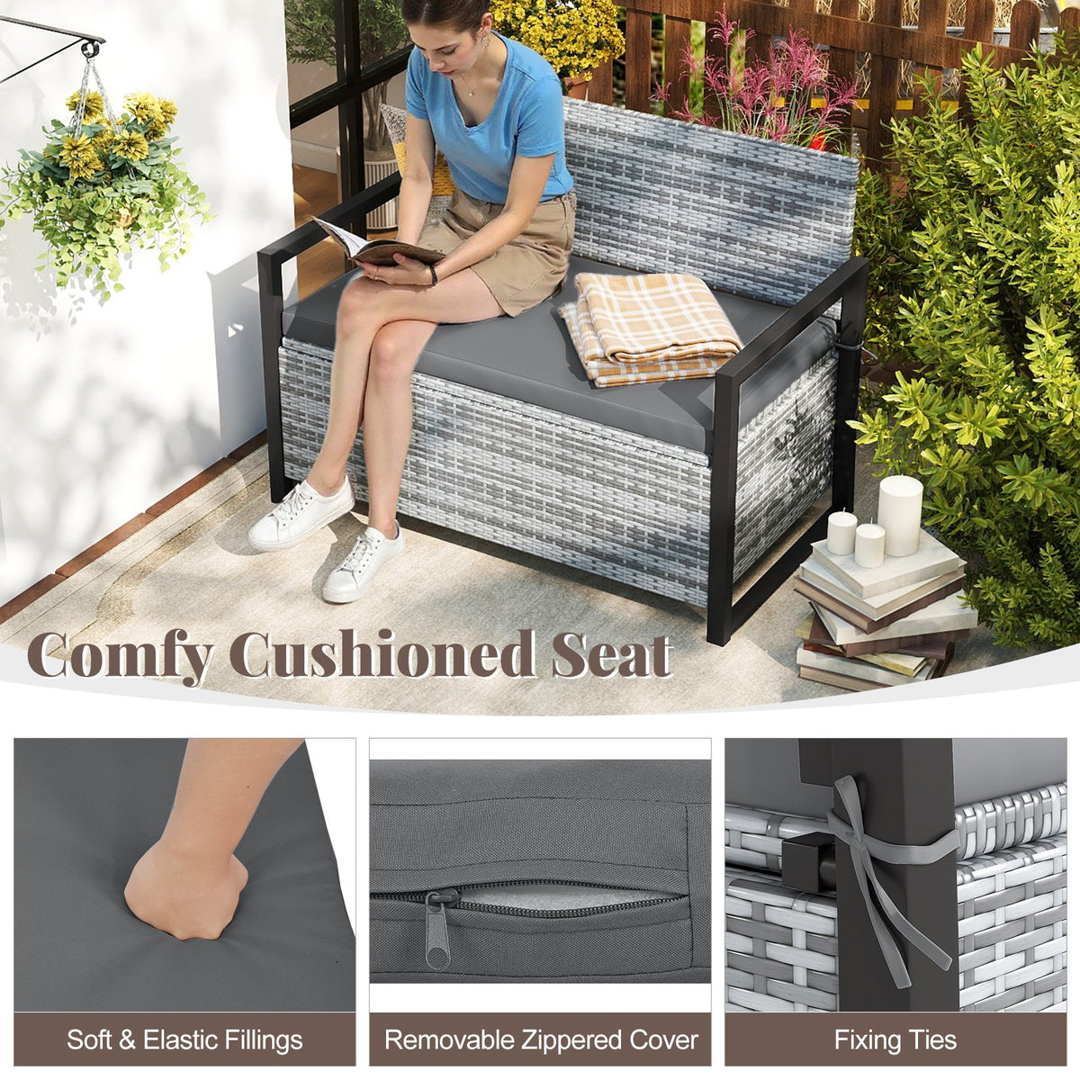 Patio Storage Bench Outdoor Wicker Loveseat with Built-in Storage-Gray view 8
