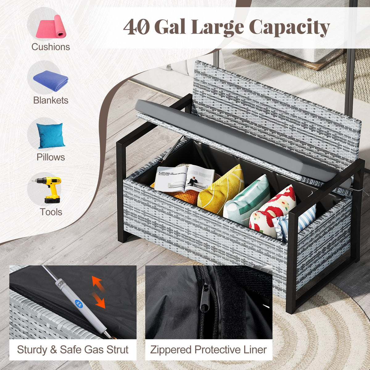Patio Storage Bench Outdoor Wicker Loveseat with Built-in Storage-Gray view 9