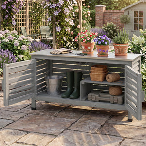 Patio Storage Cabinet with Stainless Steel Countertop and L-Shaped Shelf for Garden-Gray view 2