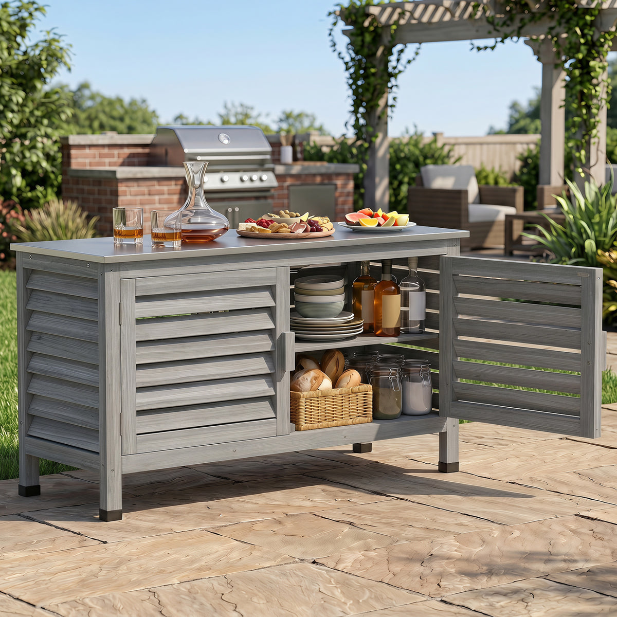 Patio Storage Cabinet with Stainless Steel Countertop and L-Shaped Shelf for Garden-Gray view 3