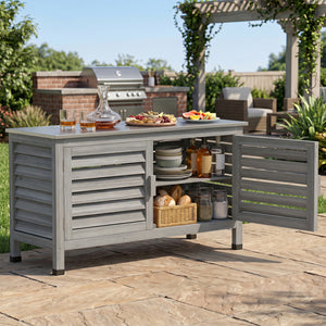 Patio Storage Cabinet with Stainless Steel Countertop and L-Shaped Shelf for Garden-Gray view 3