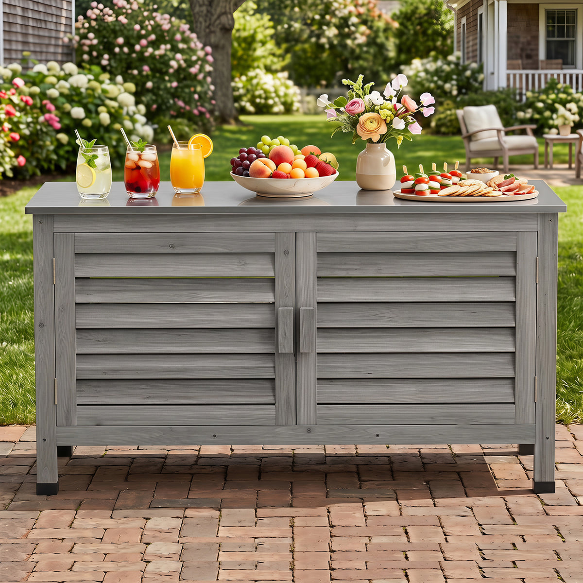 Patio Storage Cabinet with Stainless Steel Countertop and L-Shaped Shelf for Garden-Gray view 6