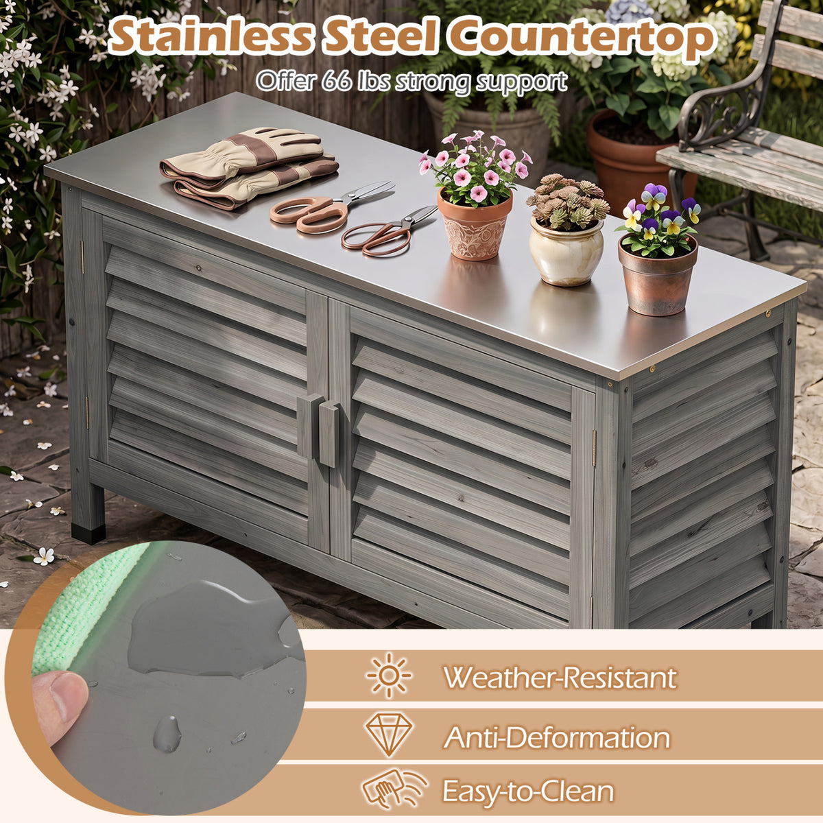 Patio Storage Cabinet with Stainless Steel Countertop and L-Shaped Shelf for Garden-Gray view 8