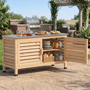 Patio Storage Cabinet with Stainless Steel Countertop and L-Shaped Shelf for Garden-Natural view 2
