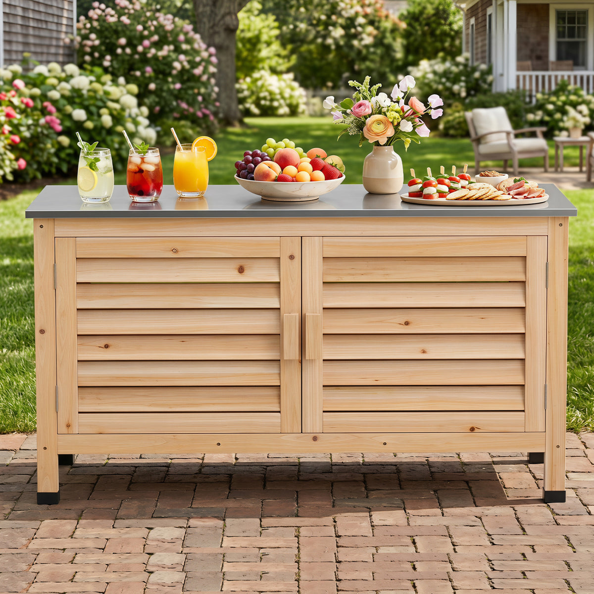 Patio Storage Cabinet with Stainless Steel Countertop and L-Shaped Shelf for Garden-Natural view 3