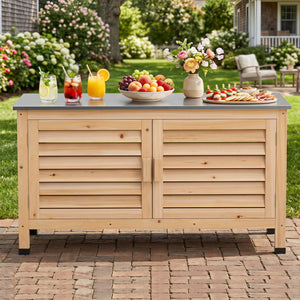 Patio Storage Cabinet with Stainless Steel Countertop and L-Shaped Shelf for Garden-Natural view 3
