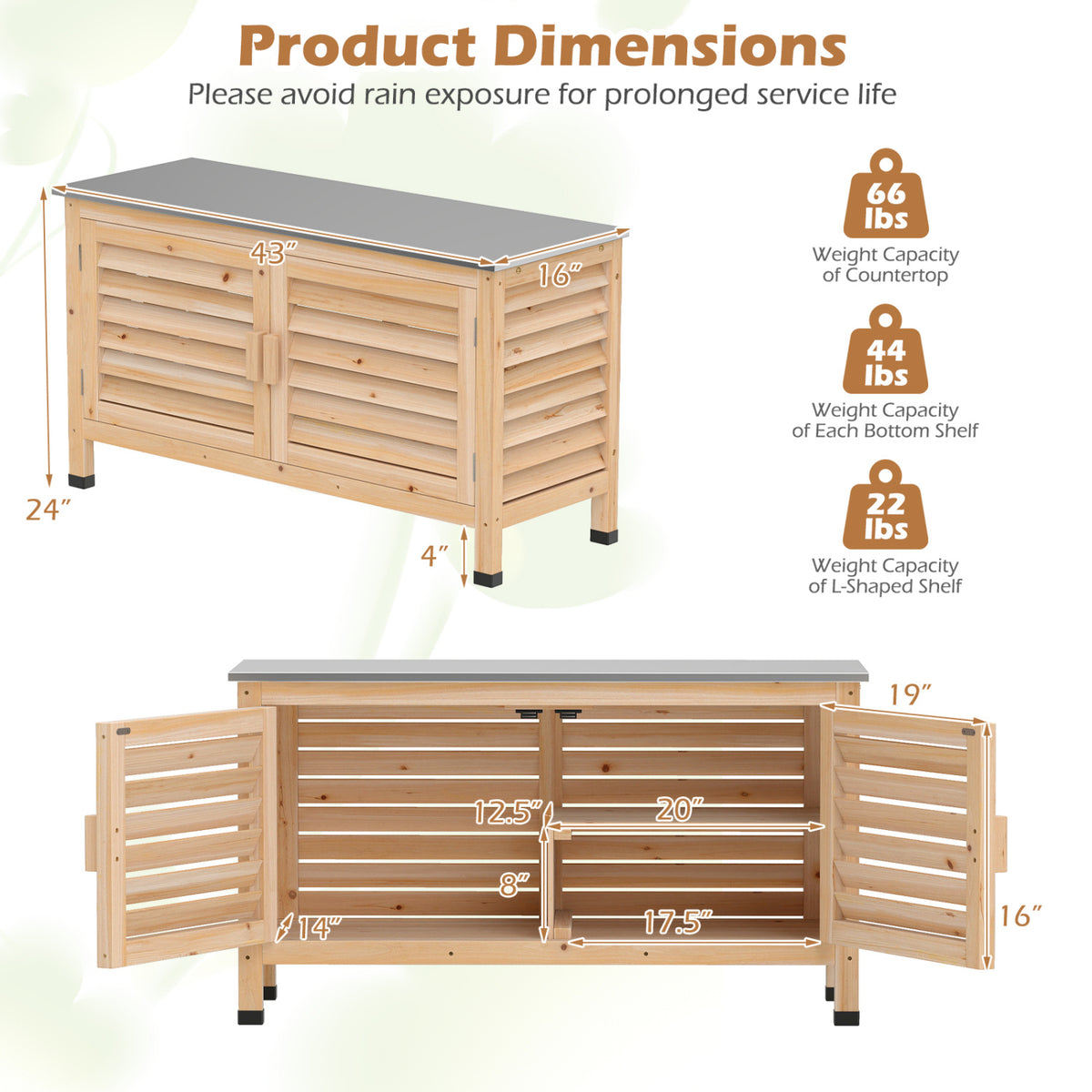 Patio Storage Cabinet with Stainless Steel Countertop and L-Shaped Shelf for Garden-Natural view 5